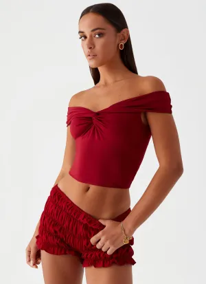 Soft Cotton Blend WeightedHem Trixie Twist Off Shoulder Top - Maroon