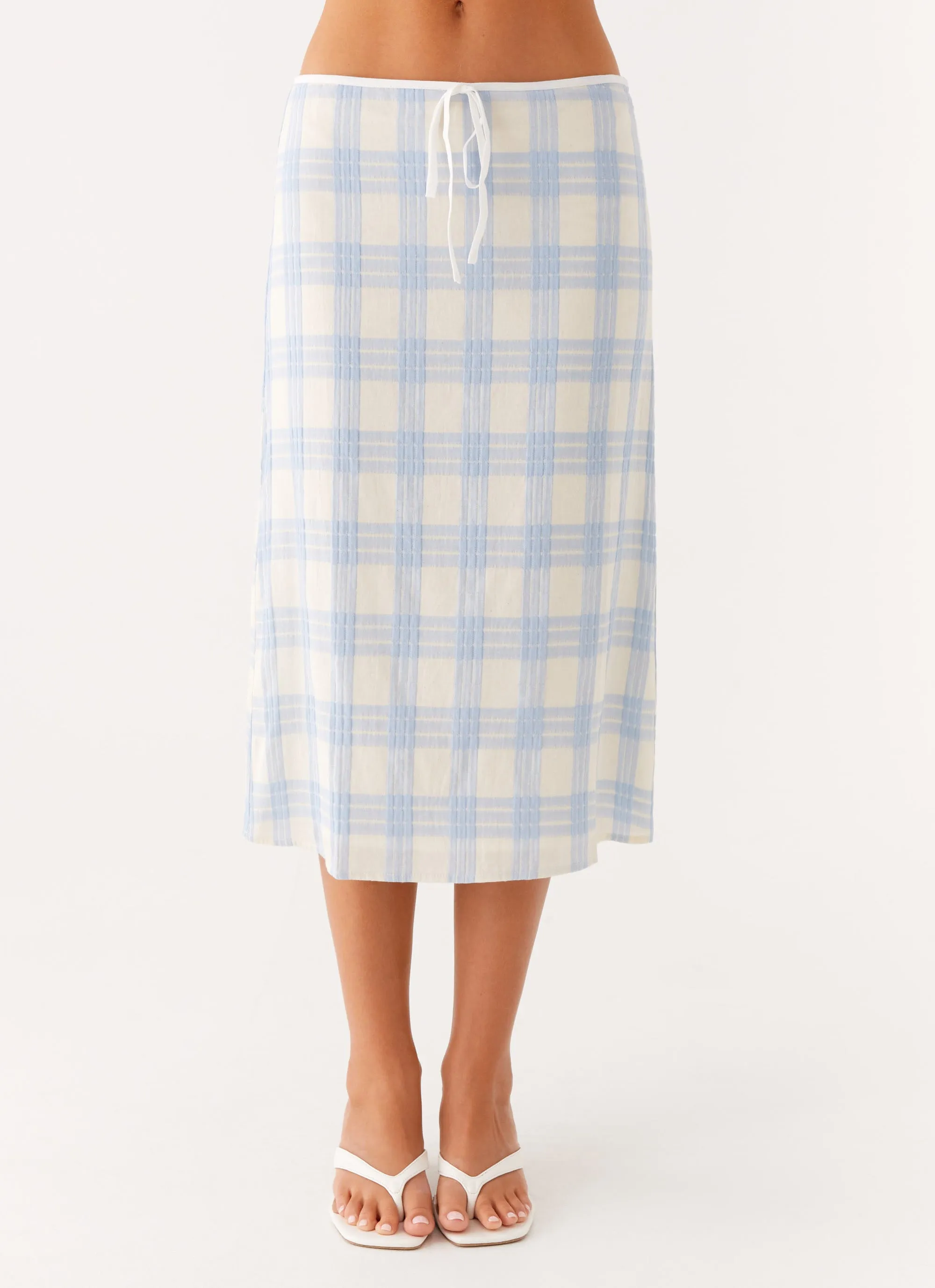 beaded embellishment Smooth Finish Esther Midi Skirt - Blue Check Seersucker
