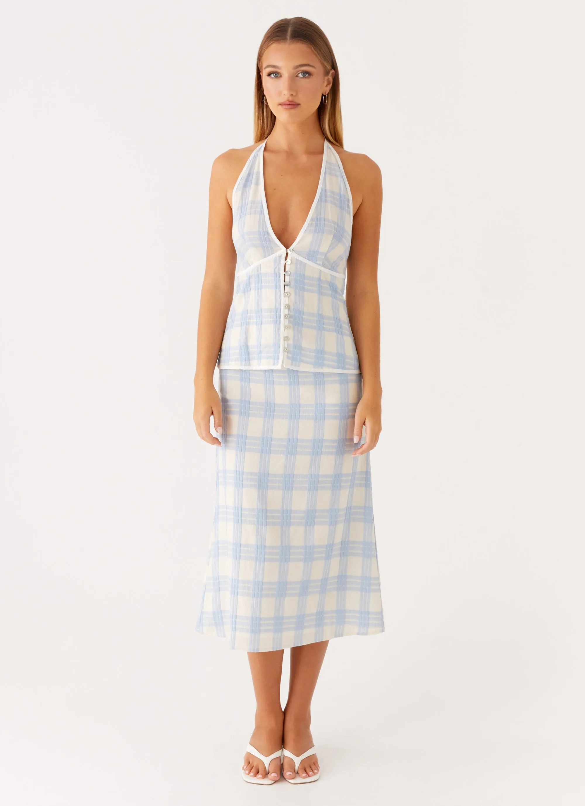 Esther Midi Skirt - Blue Check Seersucker Core Collection Side Pockets
