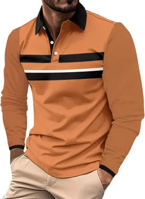 Tshirts for Men Button Up Collared Long Sleeve Trendy Patchwork Polo Shirts Lightweight Quick-Dry Athletic T Shirts