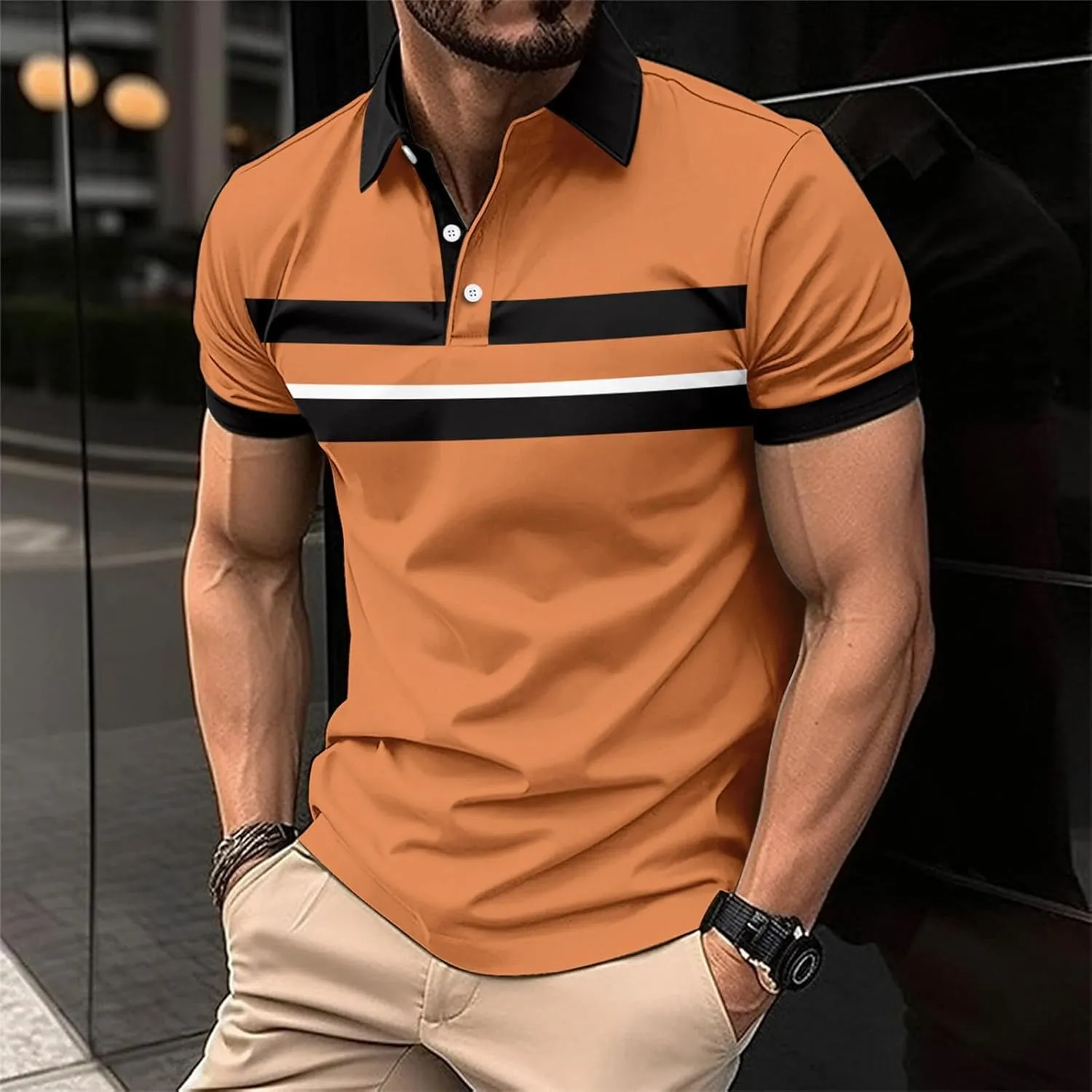 Tshirts for Men Button Up Collared Long Sleeve Trendy Patchwork Polo Shirts Lightweight Quick-Dry Athletic T Shirts