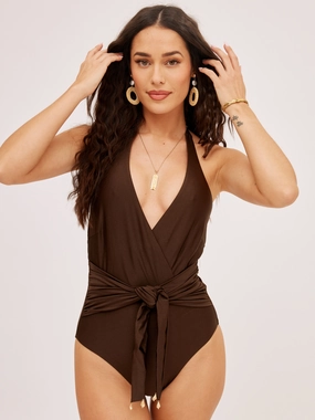 Playful Vibes South Beach Dominica Plunge Wrap Swimsuit / Chocolate