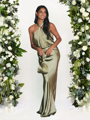 Lace Soft Twist Neck Satin Maxi Dress / Olive Green