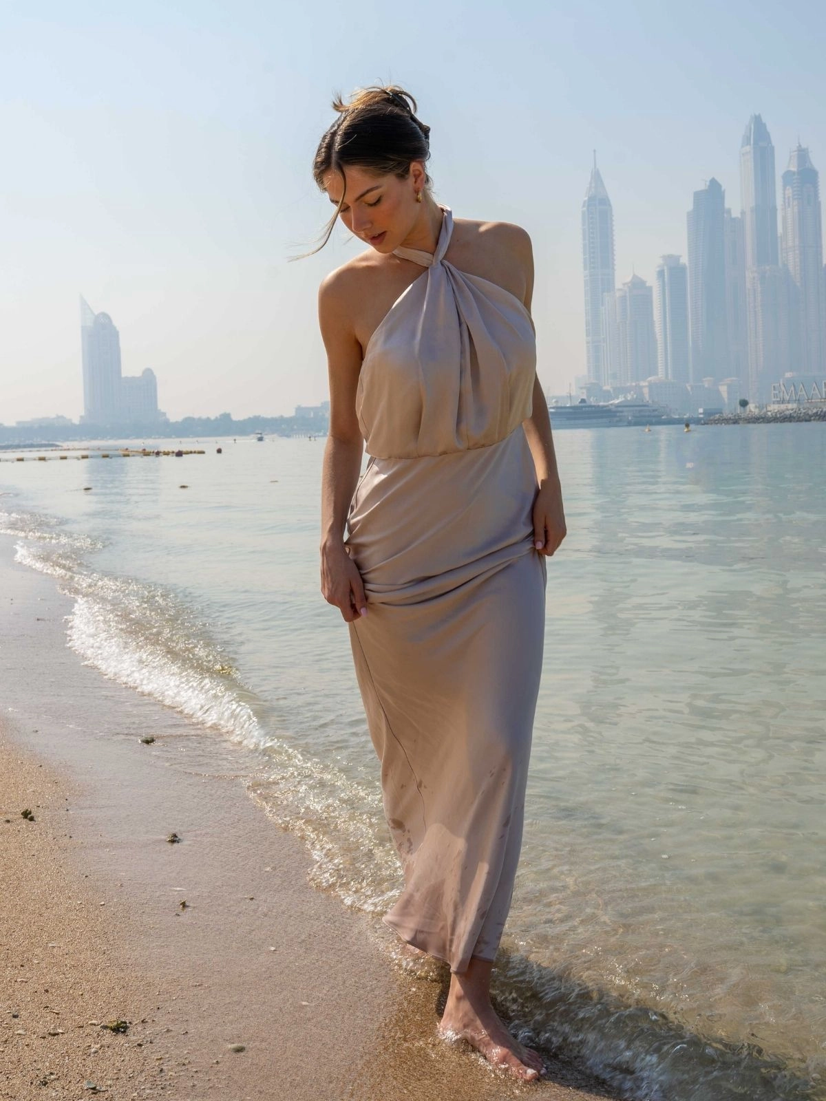 Twist Neck Satin Maxi Dress / Champagne Cool Movement