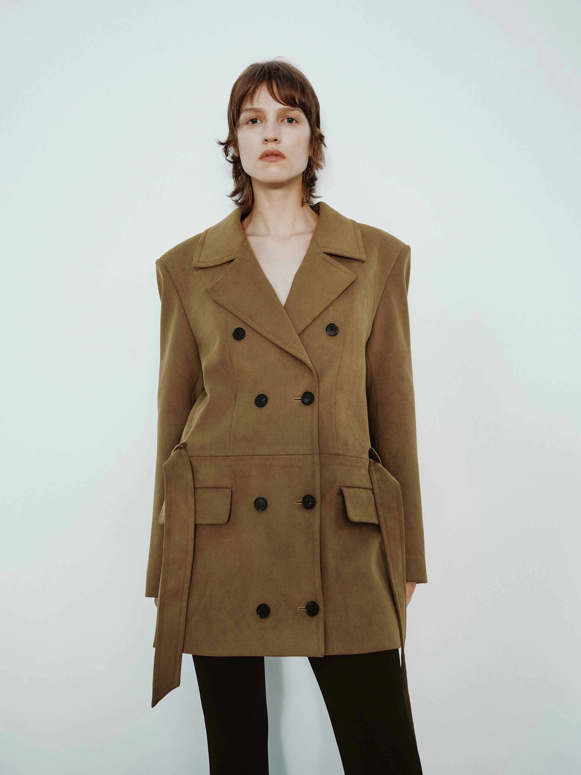 Suede Texture Belted Coat Weatherproof Zipper