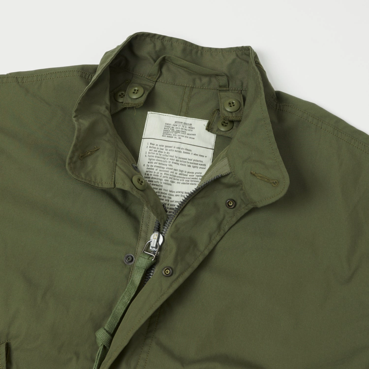 Buzz Rickson's U.S. Army M-65 Cold Weather Parka - Olive Drab Smooth Zipper Glides