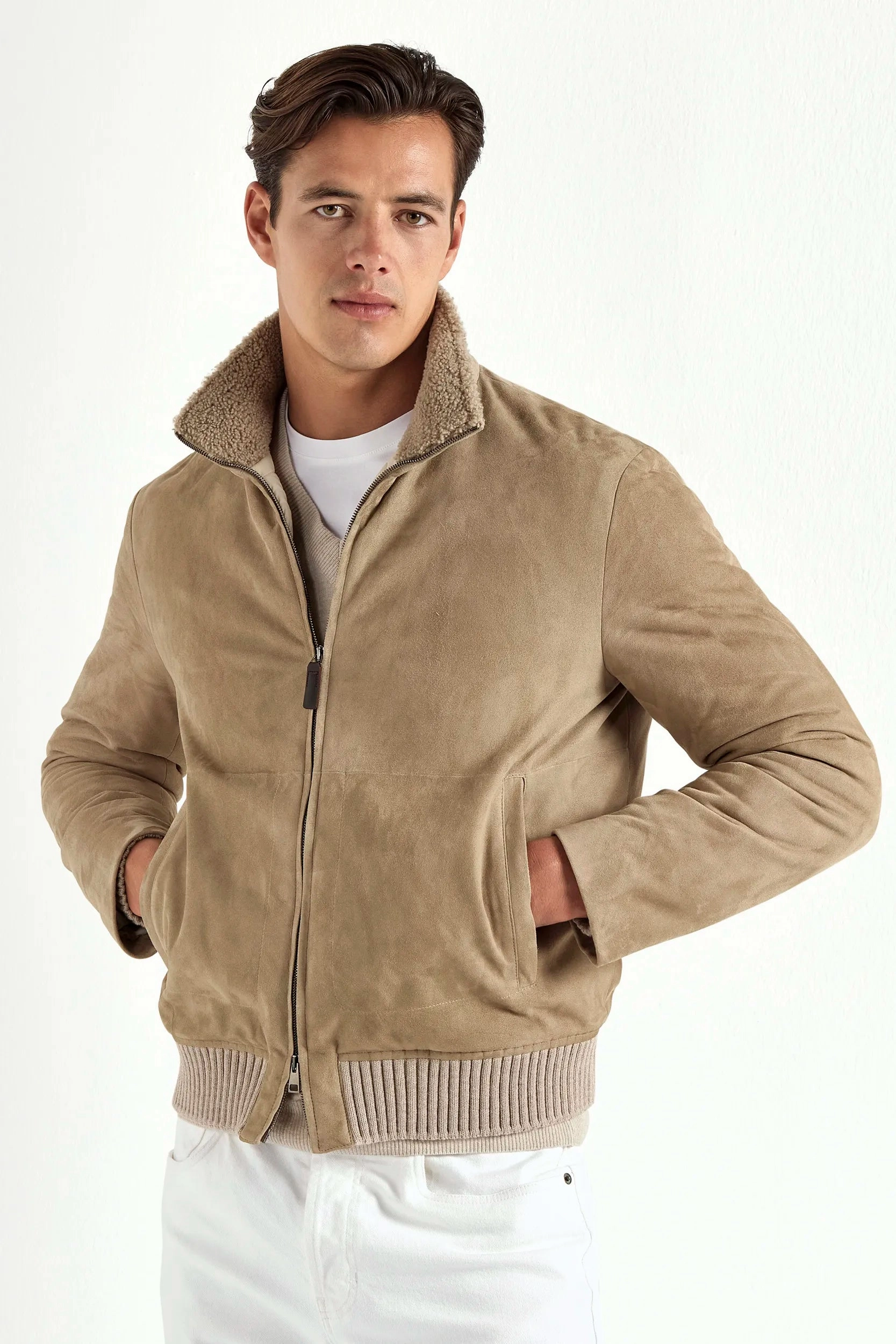 AntiStatic Lining Taupe suede bomber with shearling collar - Made in Italy