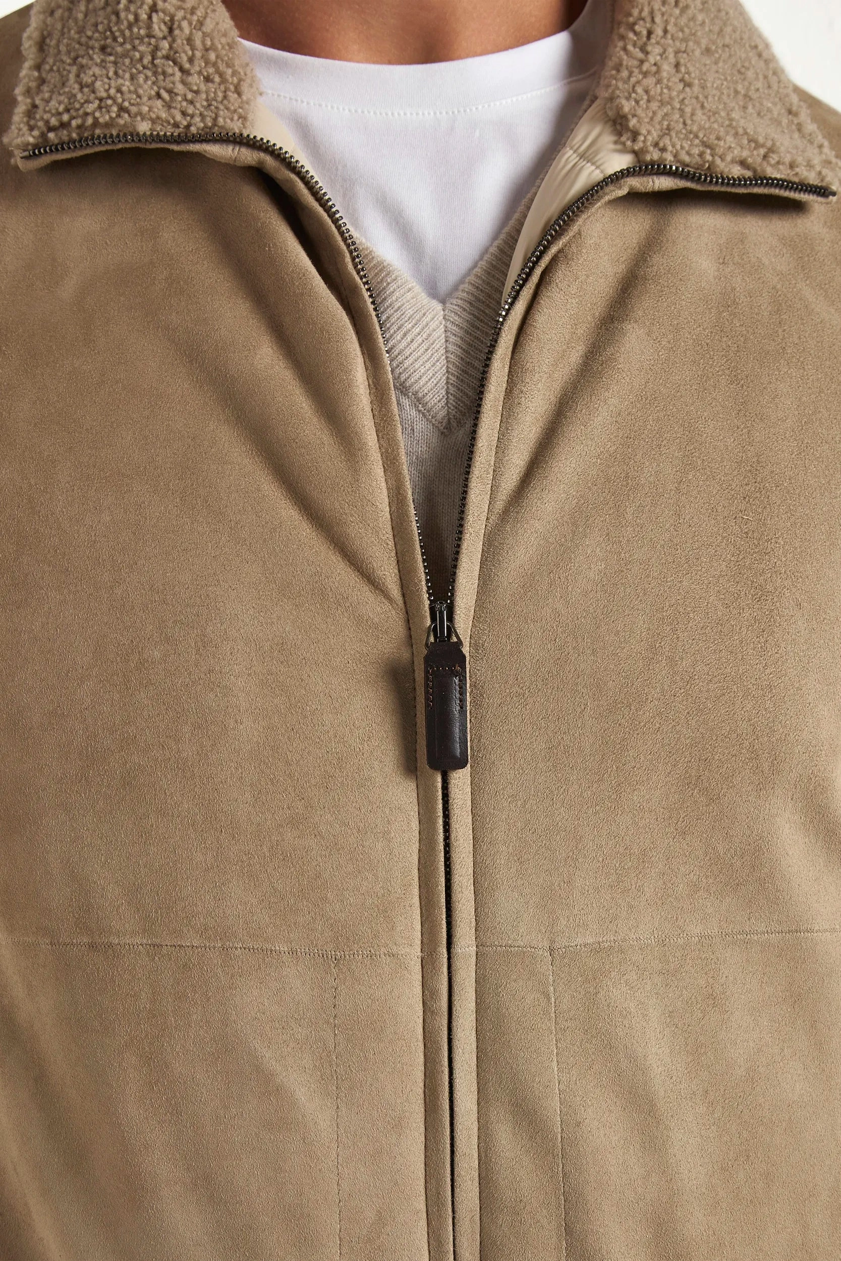 Nylon Shell Construction Taupe suede bomber with shearling collar - Made in Italy