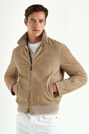 AntiStatic Lining Taupe suede bomber with shearling collar - Made in Italy