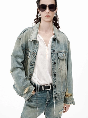 Elastic hem Distressed Cotton Jacket