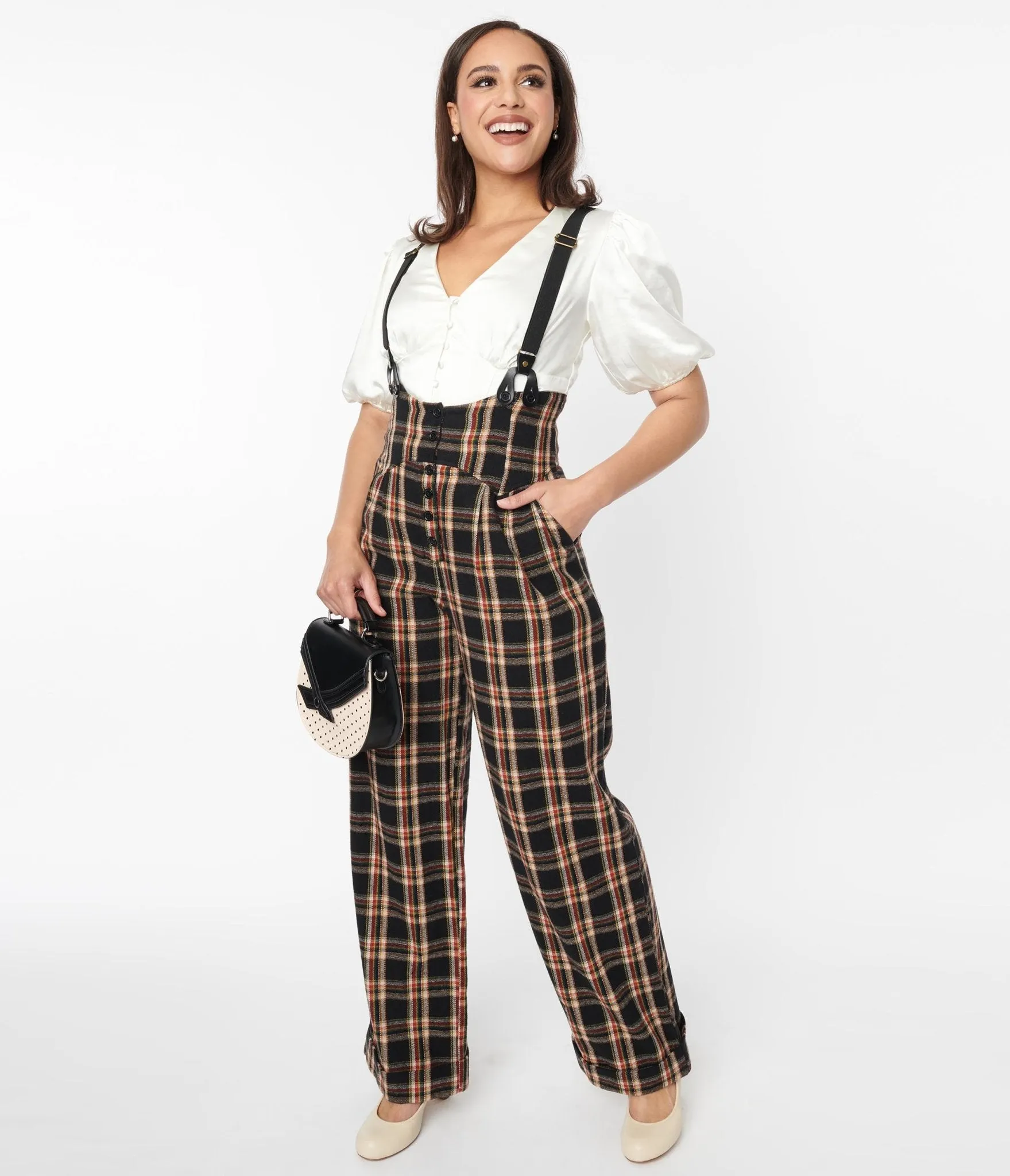 Unique Vintage 1930s Black & Auburn Plaid Thelma Suspender Pants