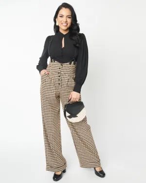 Unique Vintage Black & Beige Plaid Thelma Suspender Pants | Beige