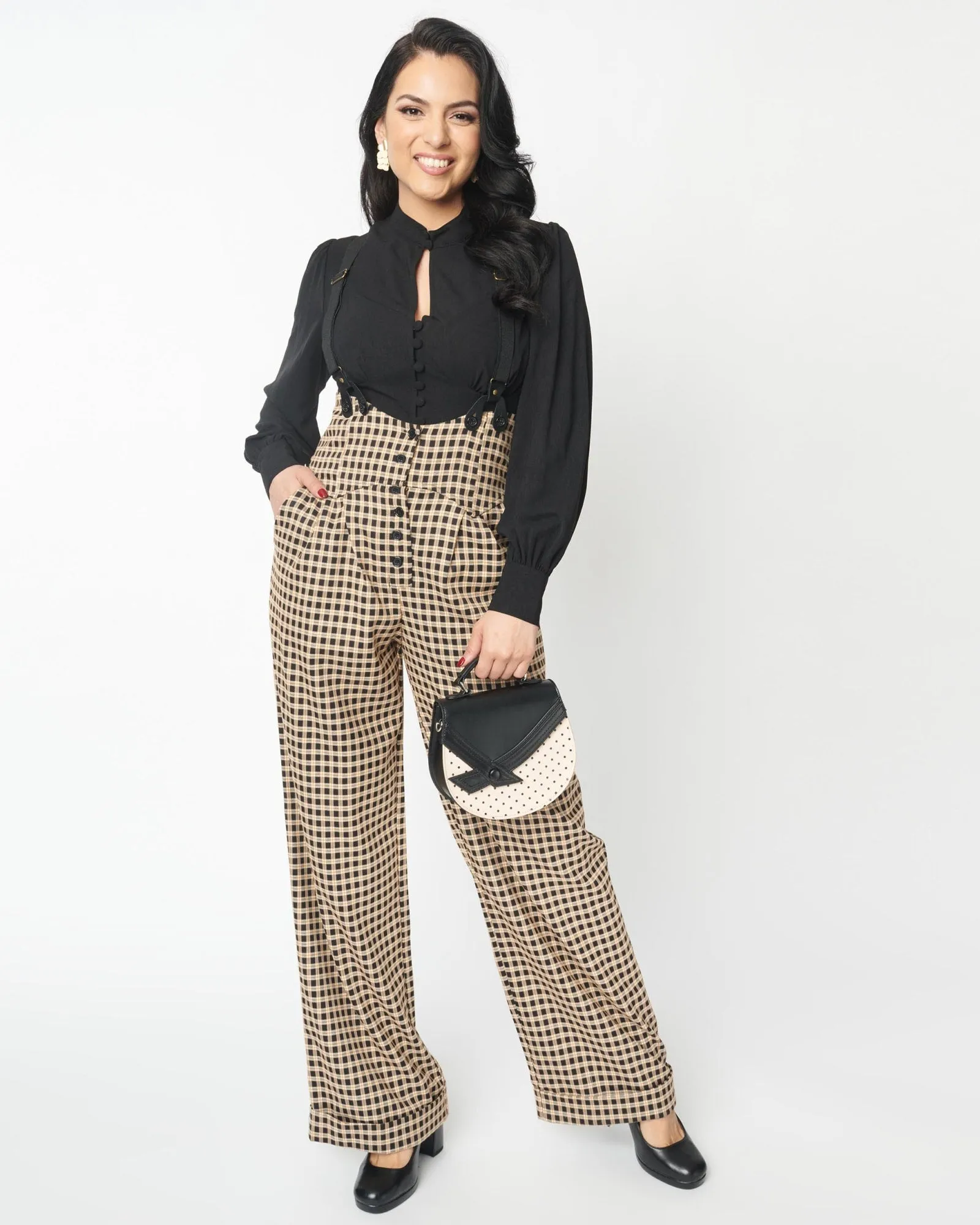Unique Vintage Black & Beige Plaid Thelma Suspender Pants | Beige