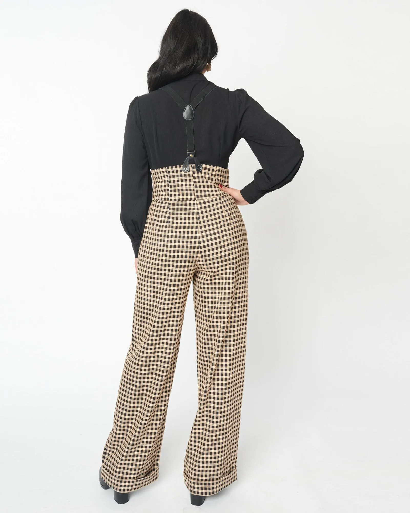 Unique Vintage Black & Beige Plaid Thelma Suspender Pants | Beige