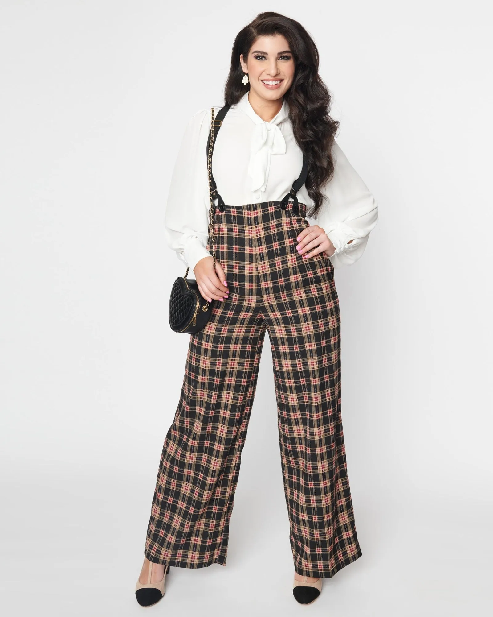 Unique Vintage Black & Burgundy Plaid High Waist Suspender Pants | Black & Burgundy Plaid