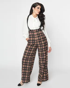 Unique Vintage Black & Burgundy Plaid High Waist Suspender Pants | Black & Burgundy Plaid