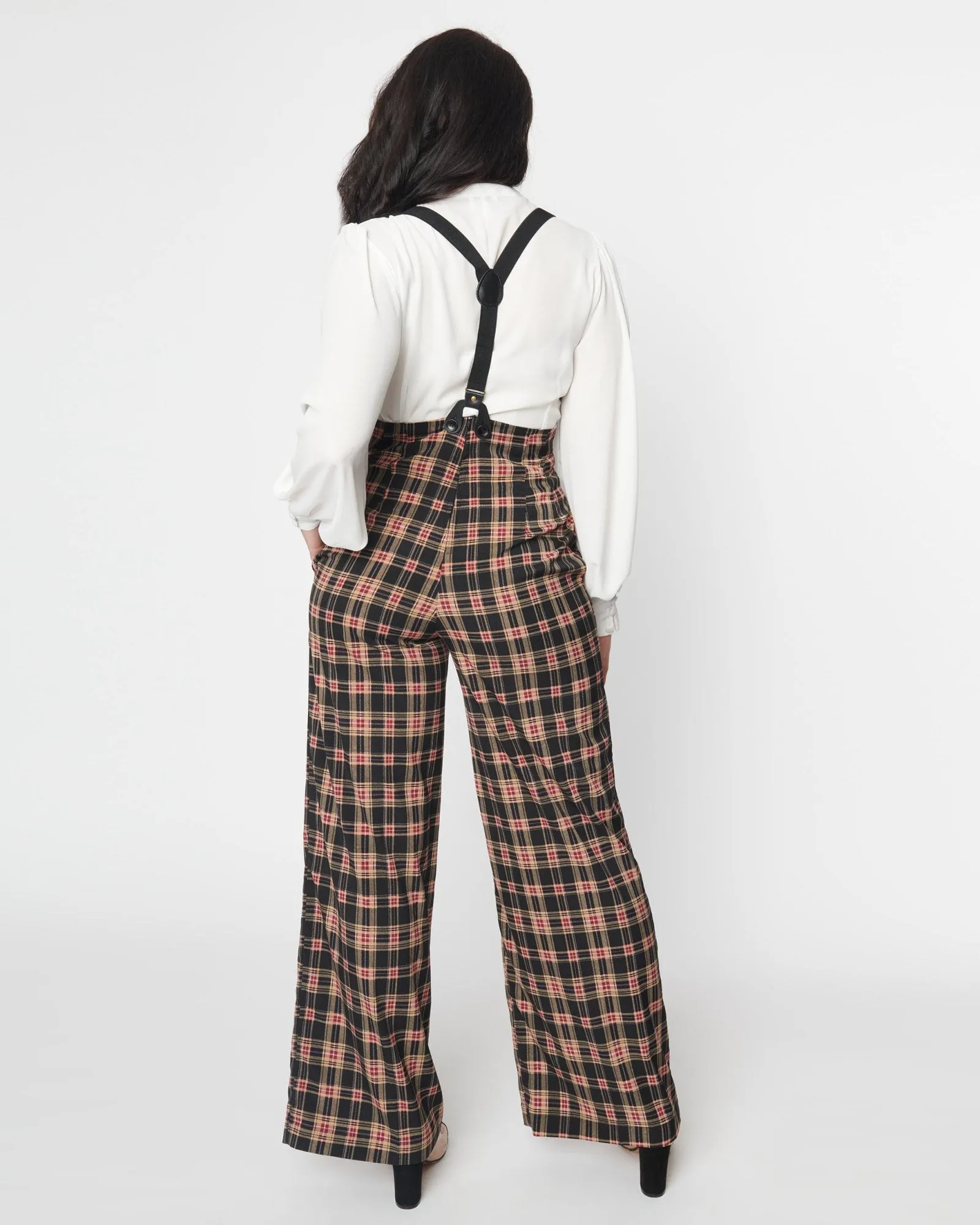 Unique Vintage Black & Burgundy Plaid High Waist Suspender Pants | Black & Burgundy Plaid