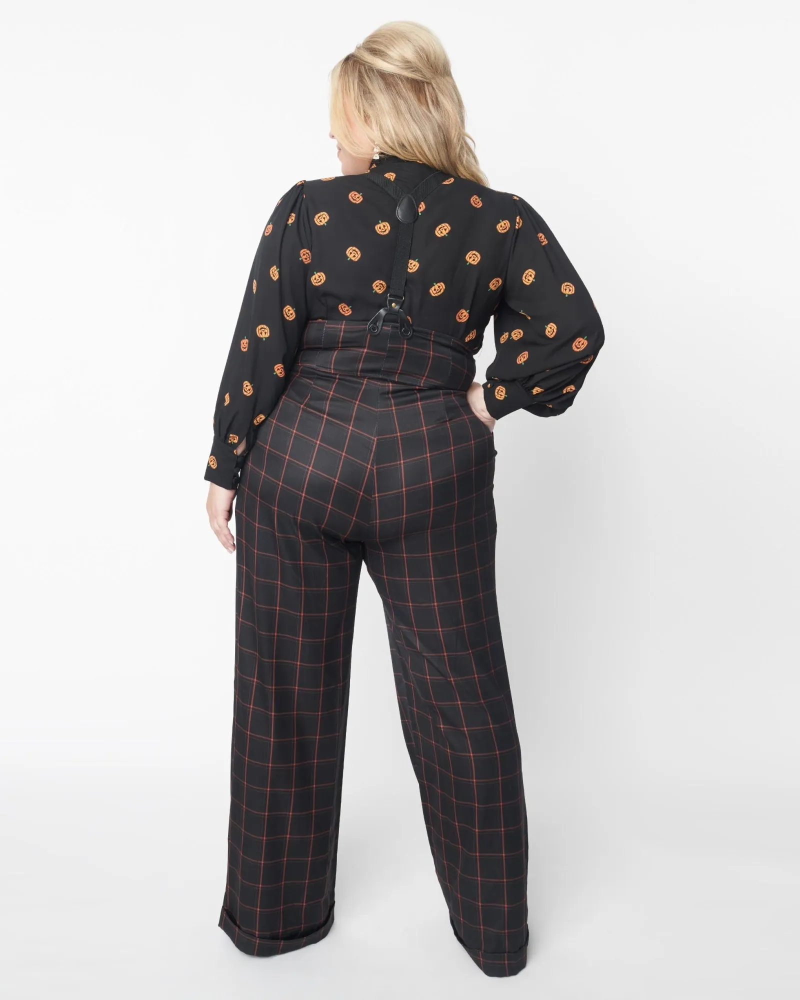 Unique Vintage Black & Orange Windowpane Thelma Suspender Pants | Black