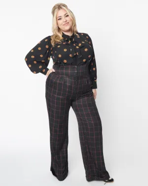 Unique Vintage Black & Orange Windowpane Thelma Suspender Pants | Black