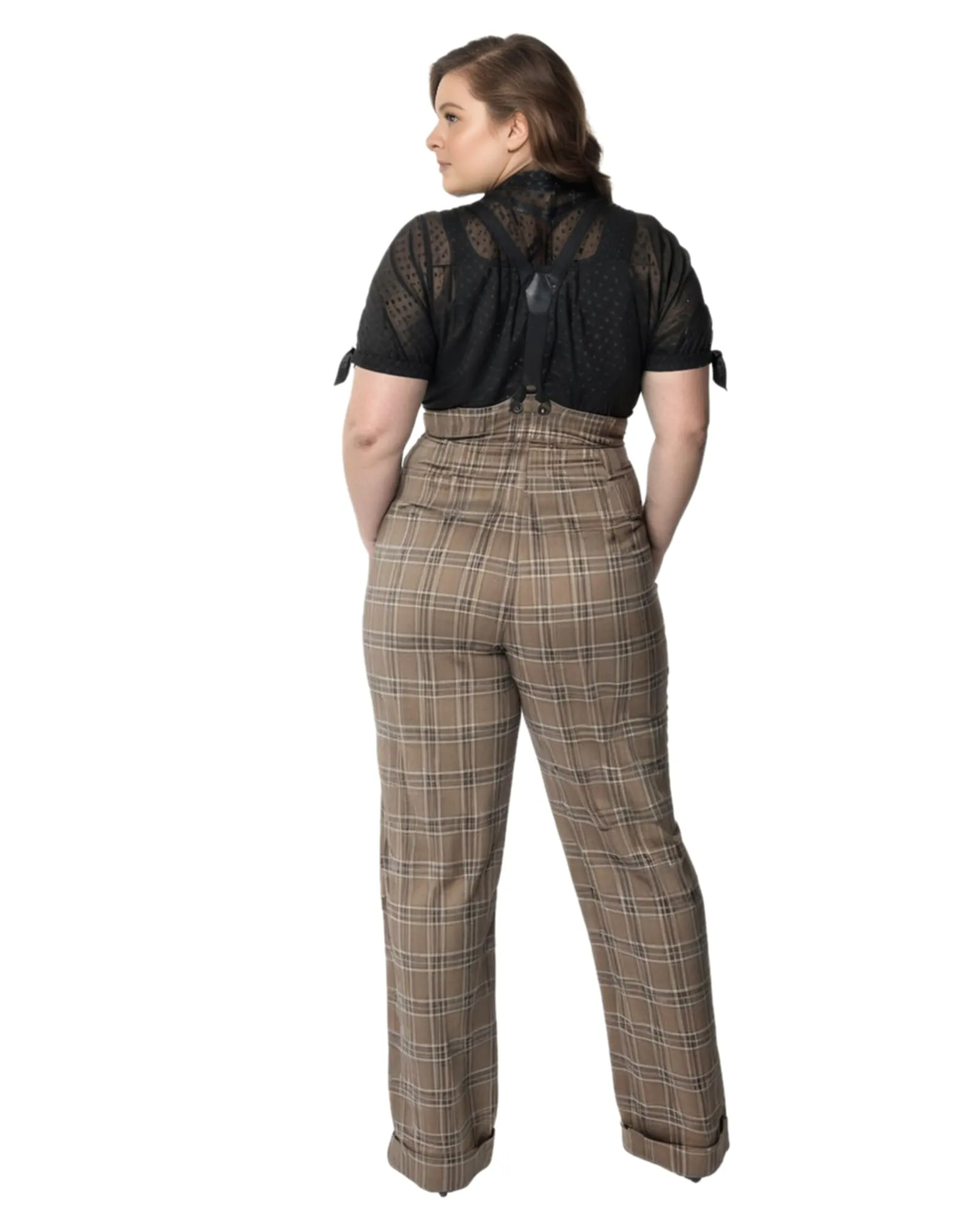 Unique Vintage Dark Beige Windowpane Thelma Suspender Pants | Dark Beige Windowpane