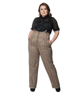 Unique Vintage Dark Beige Windowpane Thelma Suspender Pants | Dark Beige Windowpane