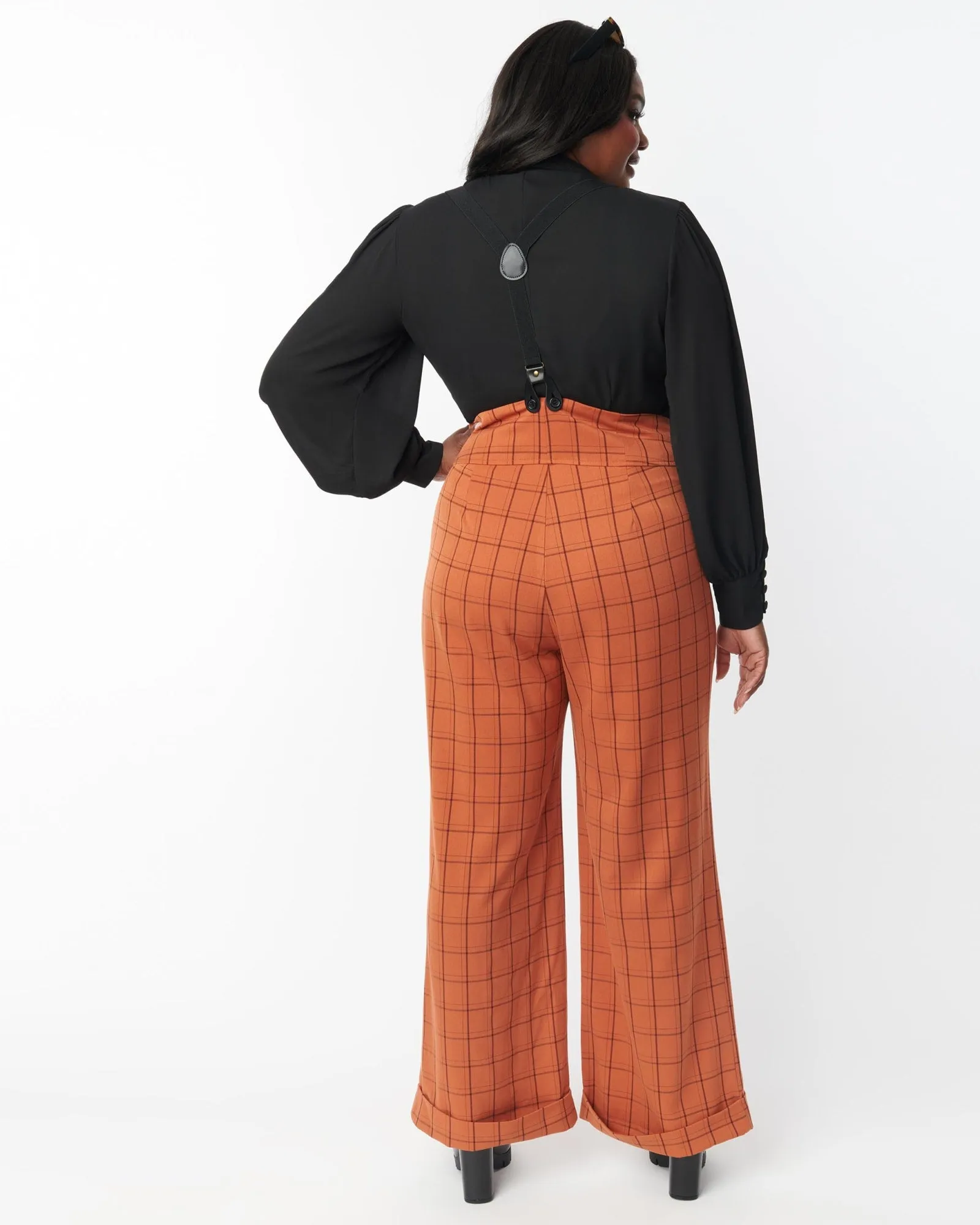 Unique Vintage Orange Windowpane Thelma Suspender Pants | Orange, Plaid, Gingham