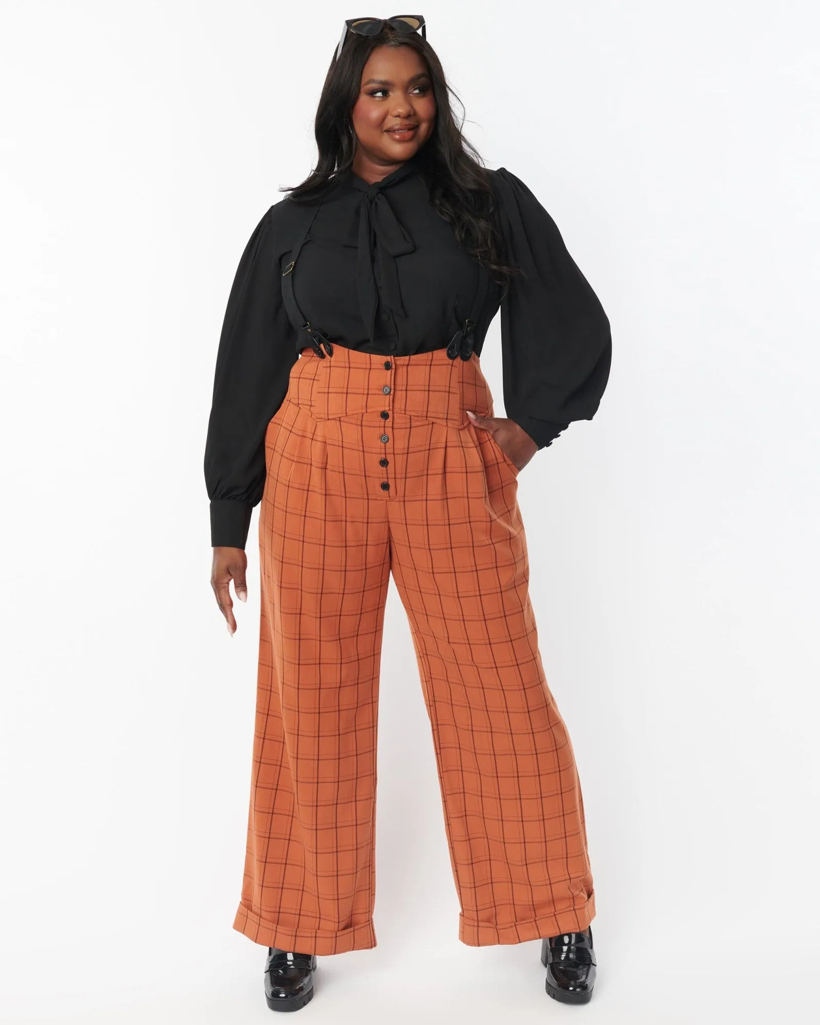 Unique Vintage Orange Windowpane Thelma Suspender Pants | Orange, Plaid, Gingham