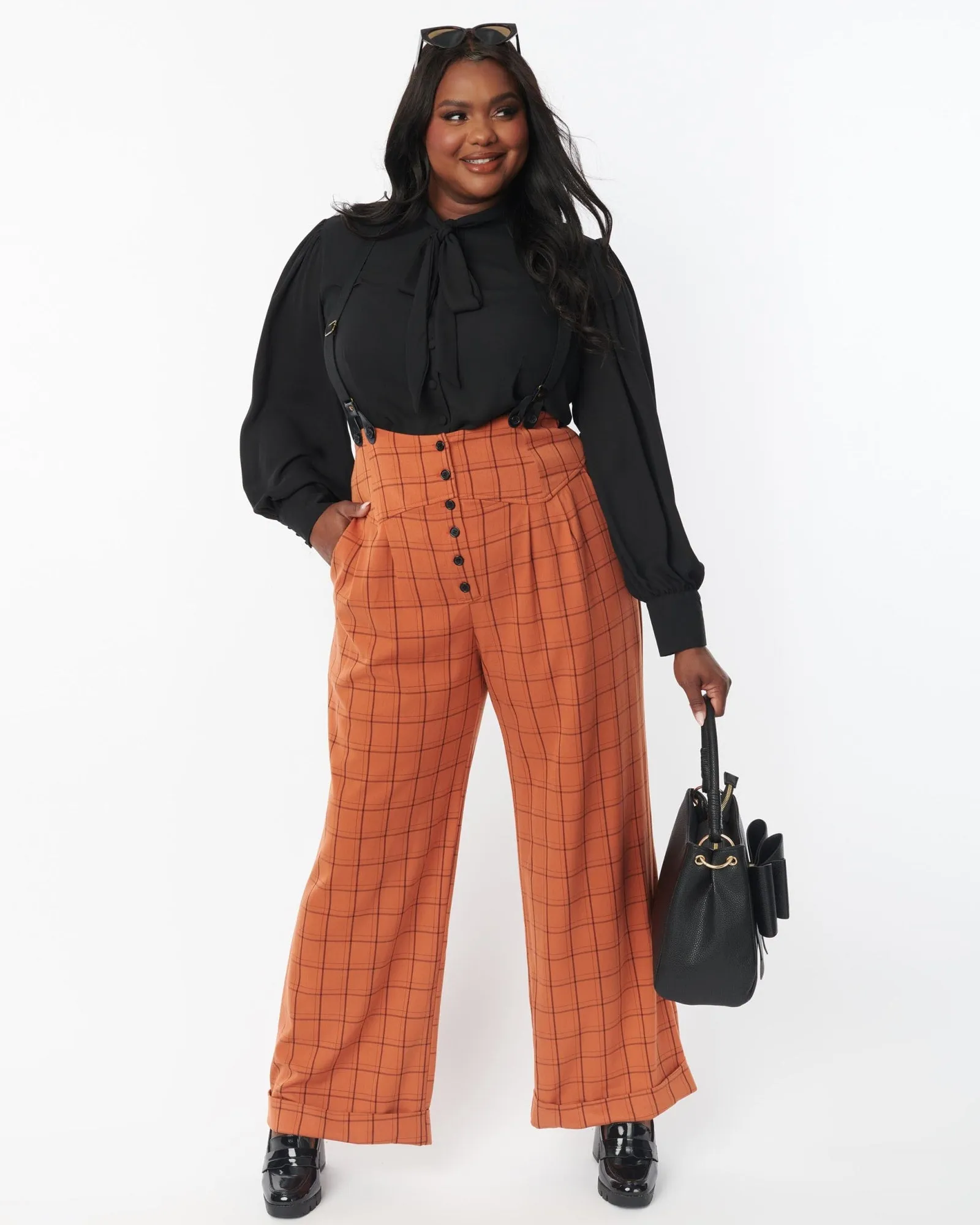Unique Vintage Orange Windowpane Thelma Suspender Pants | Orange, Plaid, Gingham