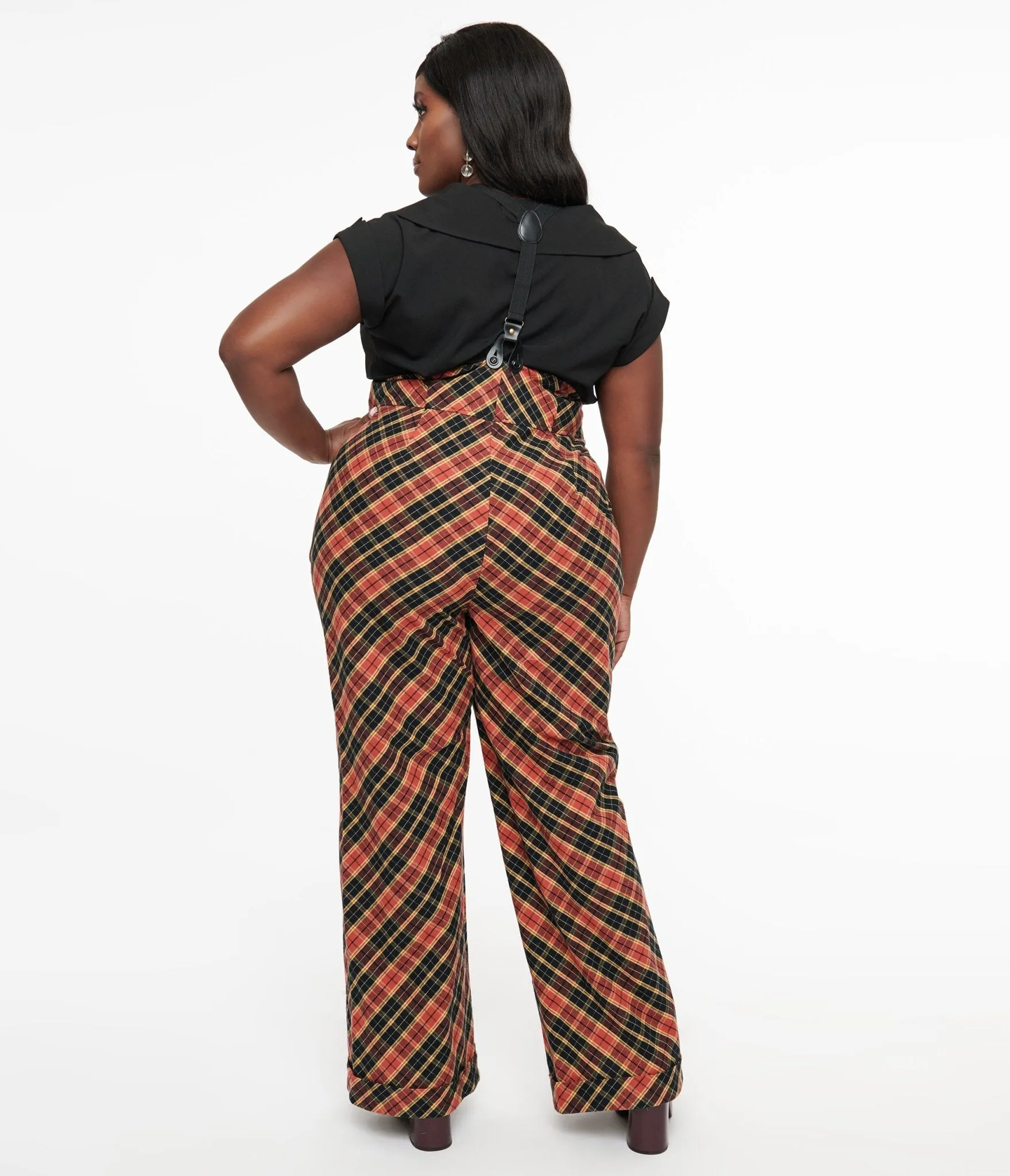 Unique Vintage Plus Size 1930s Black & Rust Plaid Thelma Suspender Pants