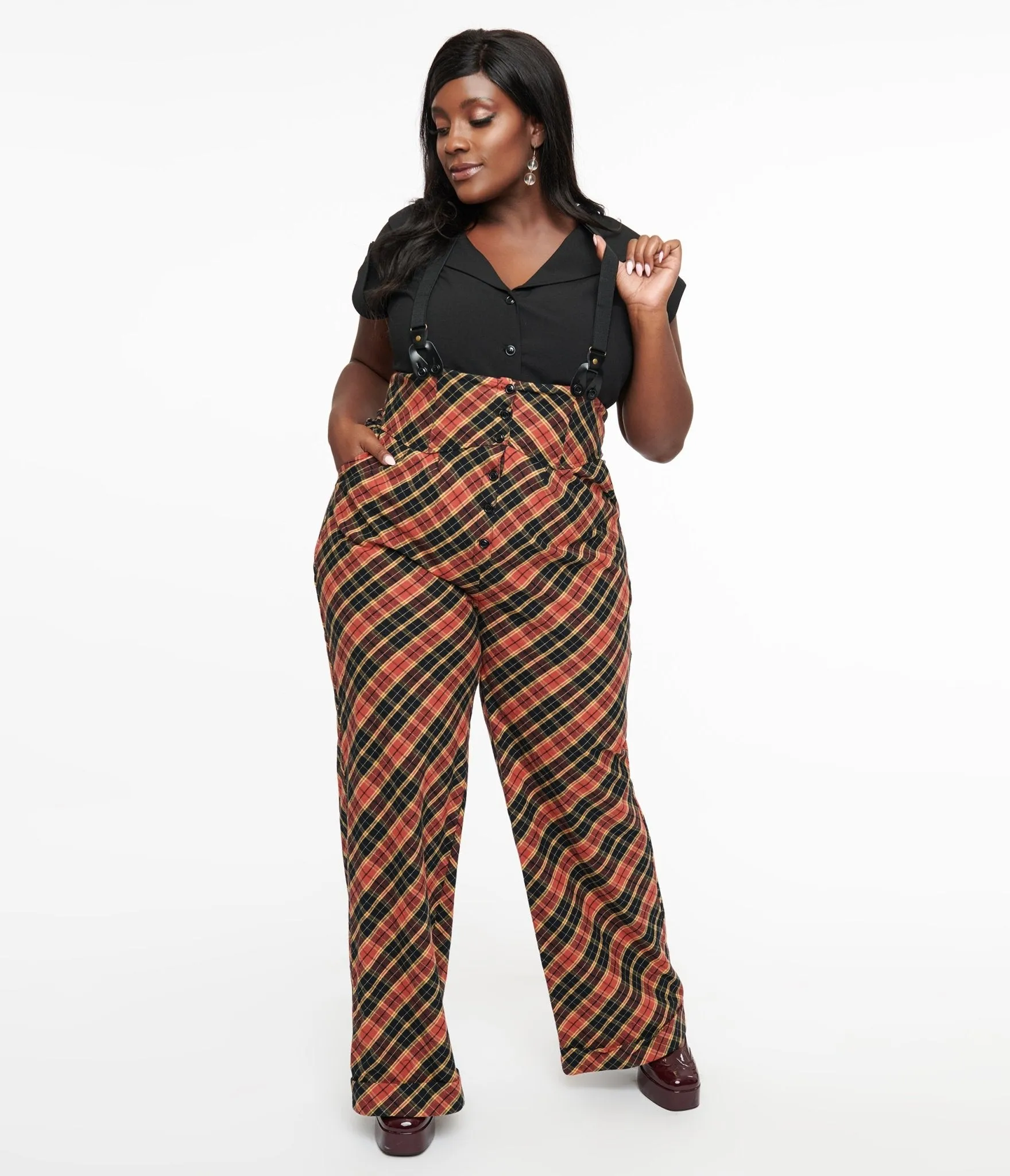 Unique Vintage Plus Size 1930s Black & Rust Plaid Thelma Suspender Pants