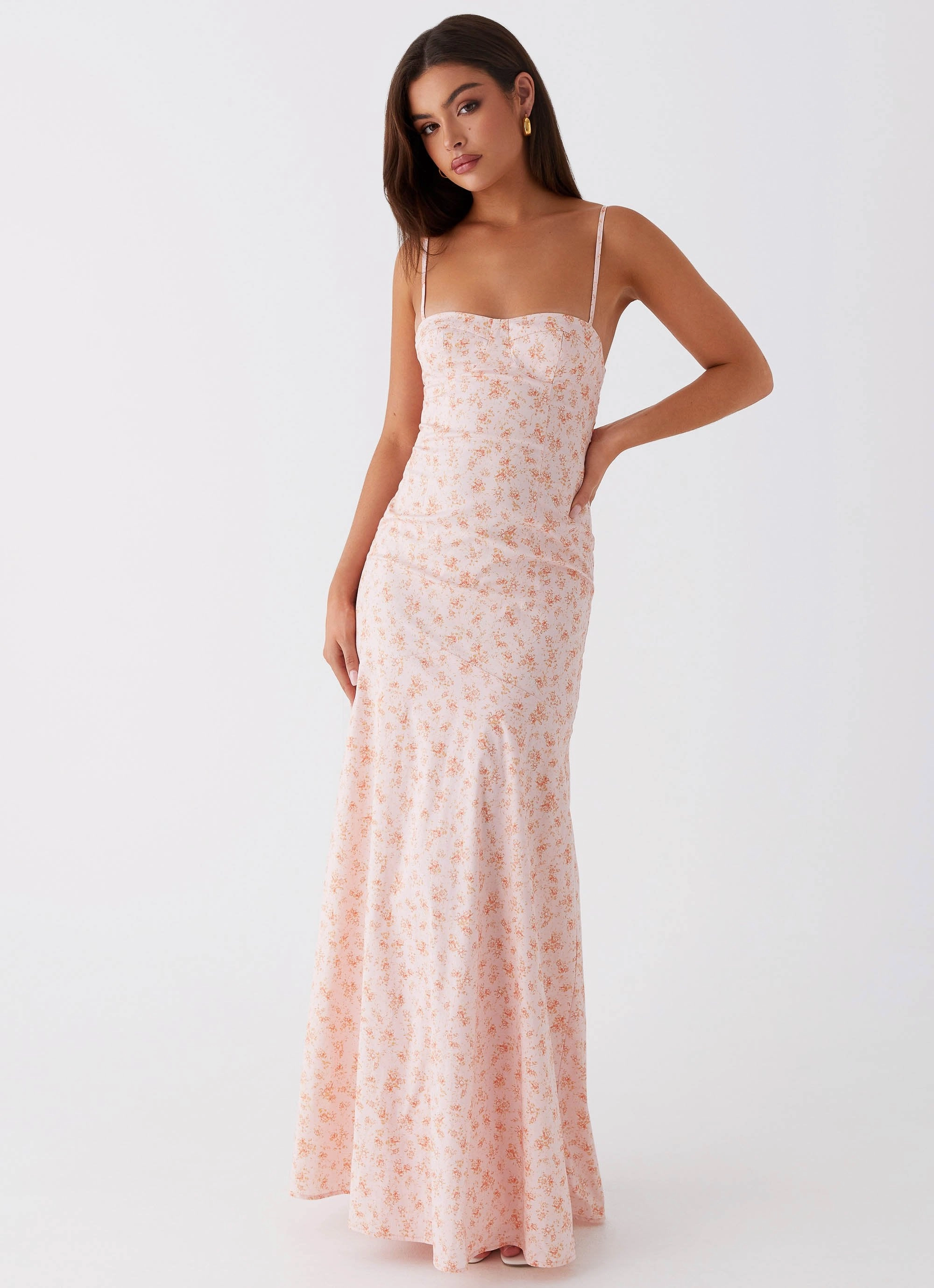 Britney Maxi Dress - Pink Ditsy Floral Peplum-Style