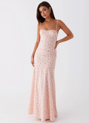 Britney Maxi Dress - Pink Ditsy Floral Peplum-Style