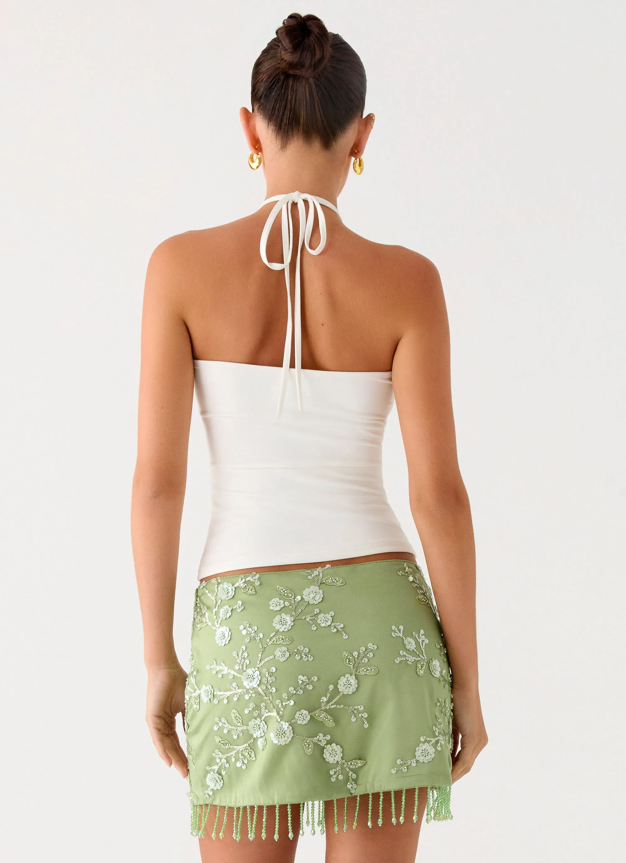 Midnight Tide Tie Side Mini Skirt - Green Quilted Texture