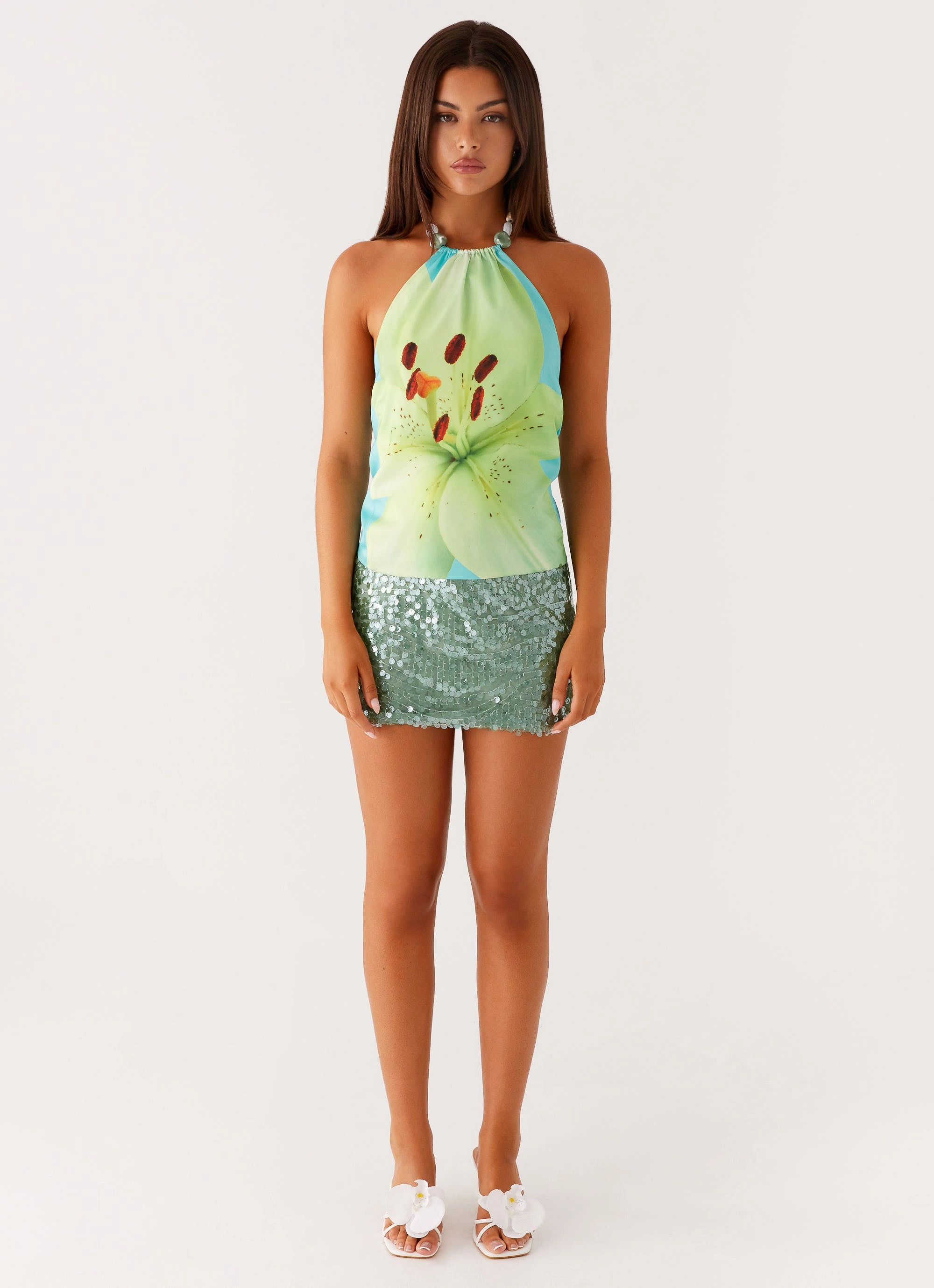 SnagProof Dalila Beaded Tie Back Top - Turquoise Floral