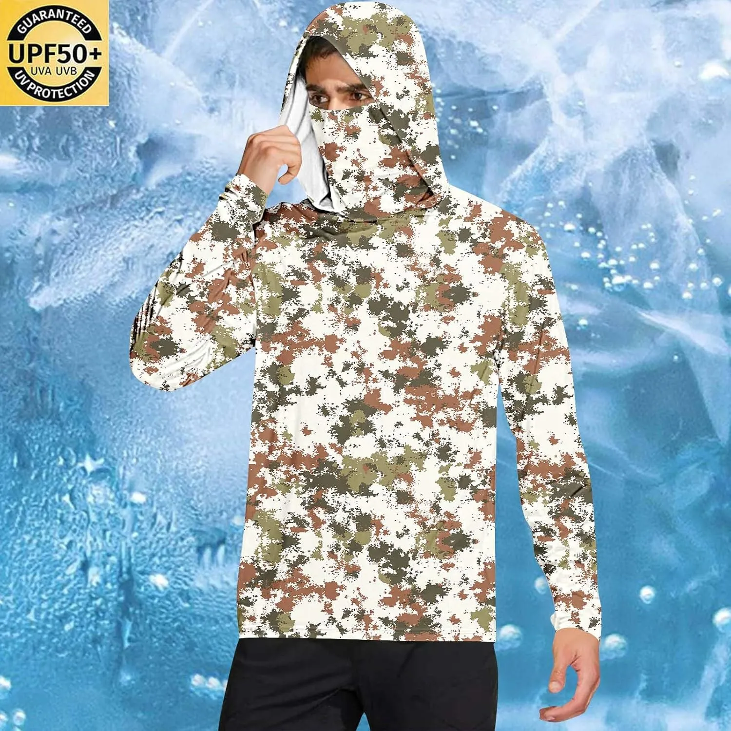 UPF 50  Fishing Shirts for Men Long Sleeve UV Sun Protection Hoodie Camo Tops Outdoor Hiking Running Swim Rash Guard
