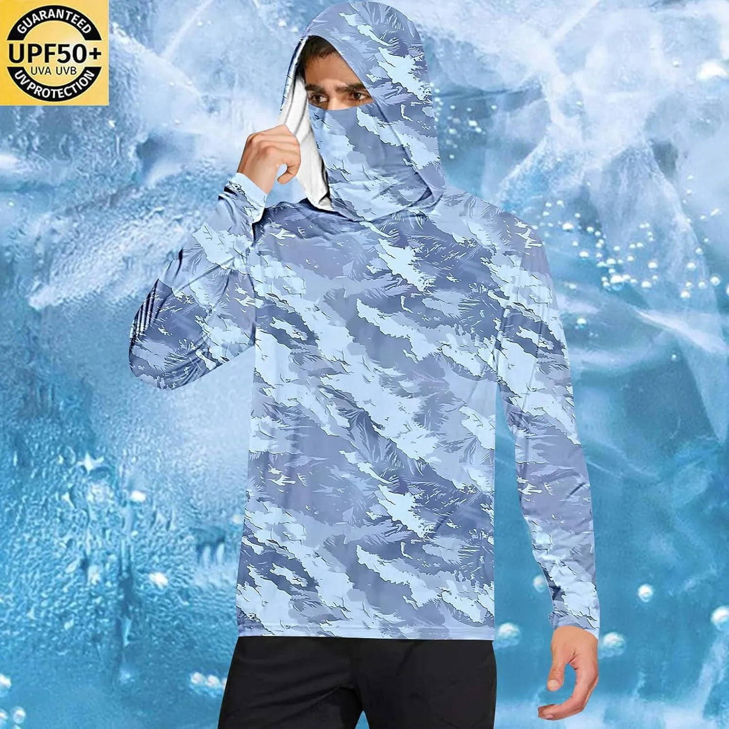 UPF 50  Fishing Shirts for Men Long Sleeve UV Sun Protection Hoodie Camo Tops Outdoor Hiking Running Swim Rash Guard