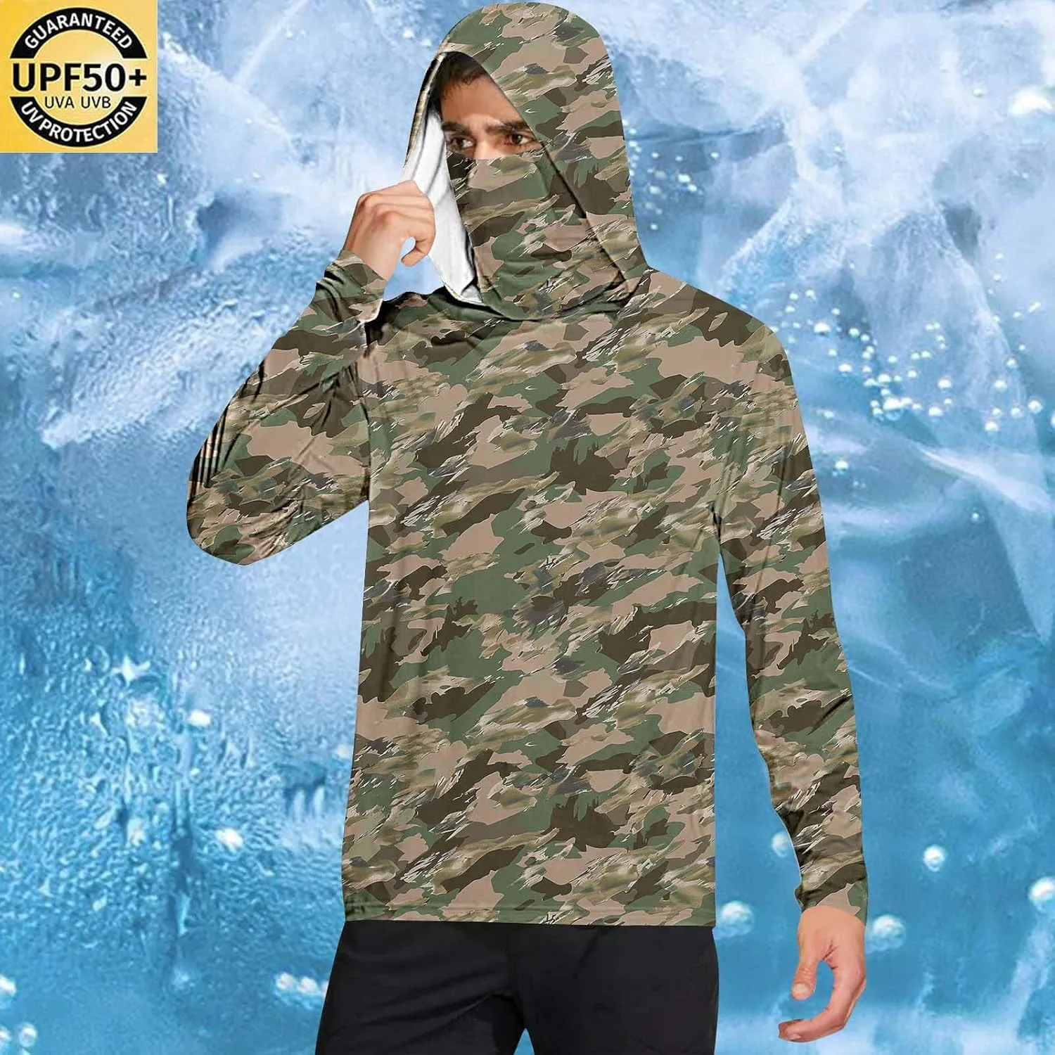 UPF 50  Fishing Shirts for Men Long Sleeve UV Sun Protection Hoodie Camo Tops Outdoor Hiking Running Swim Rash Guard