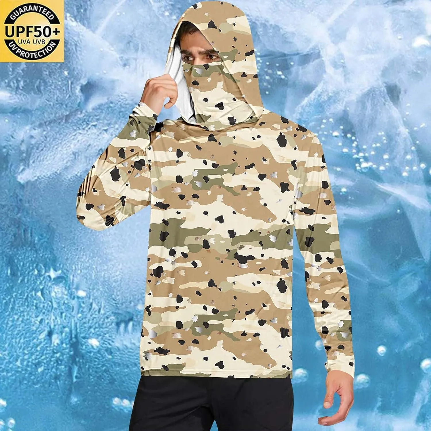 UPF 50  Fishing Shirts for Men Long Sleeve UV Sun Protection Hoodie Camo Tops Outdoor Hiking Running Swim Rash Guard