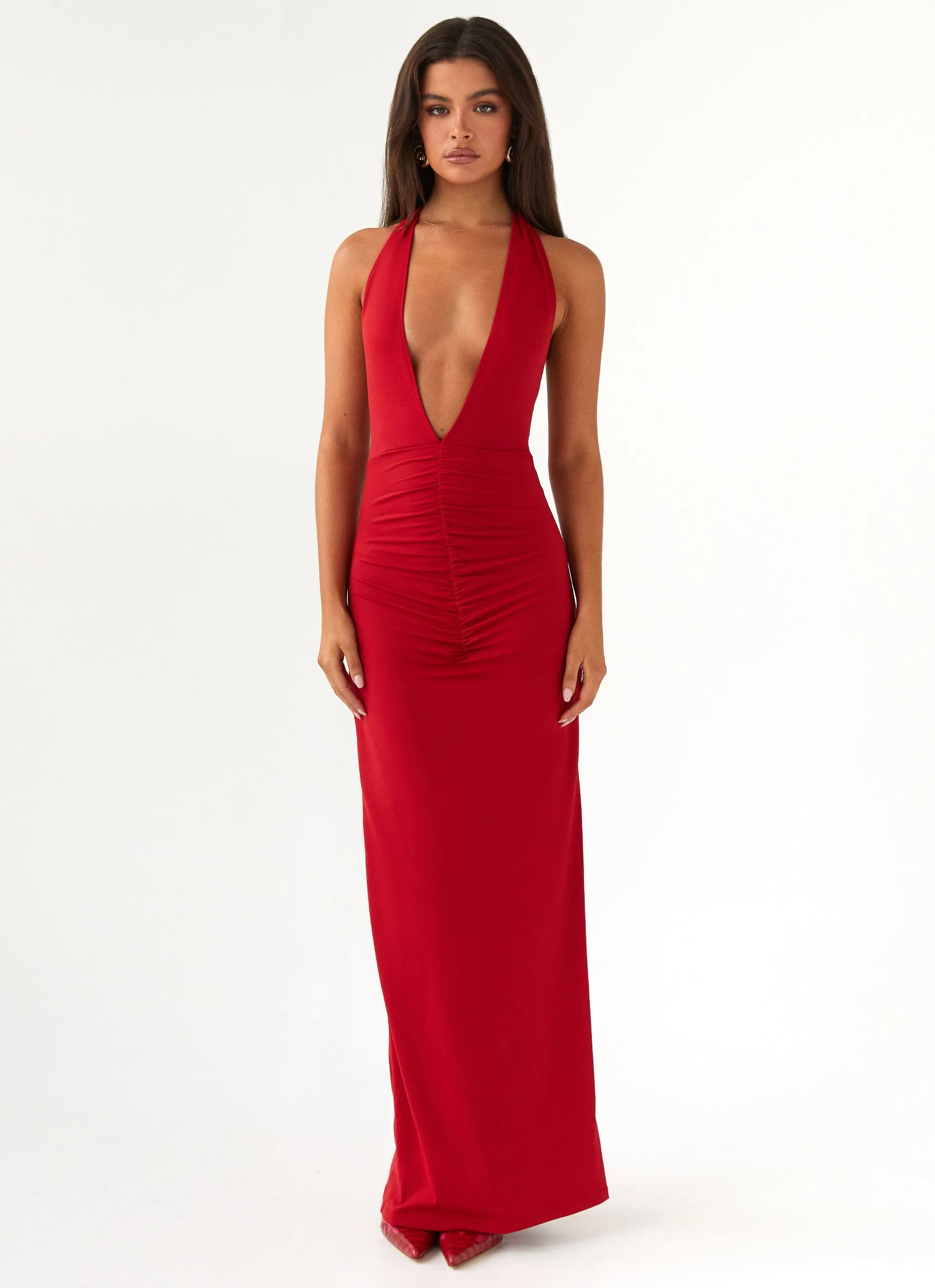 Whisked Away Halterneck Maxi Dress - Red Reinforced Elbow Patches