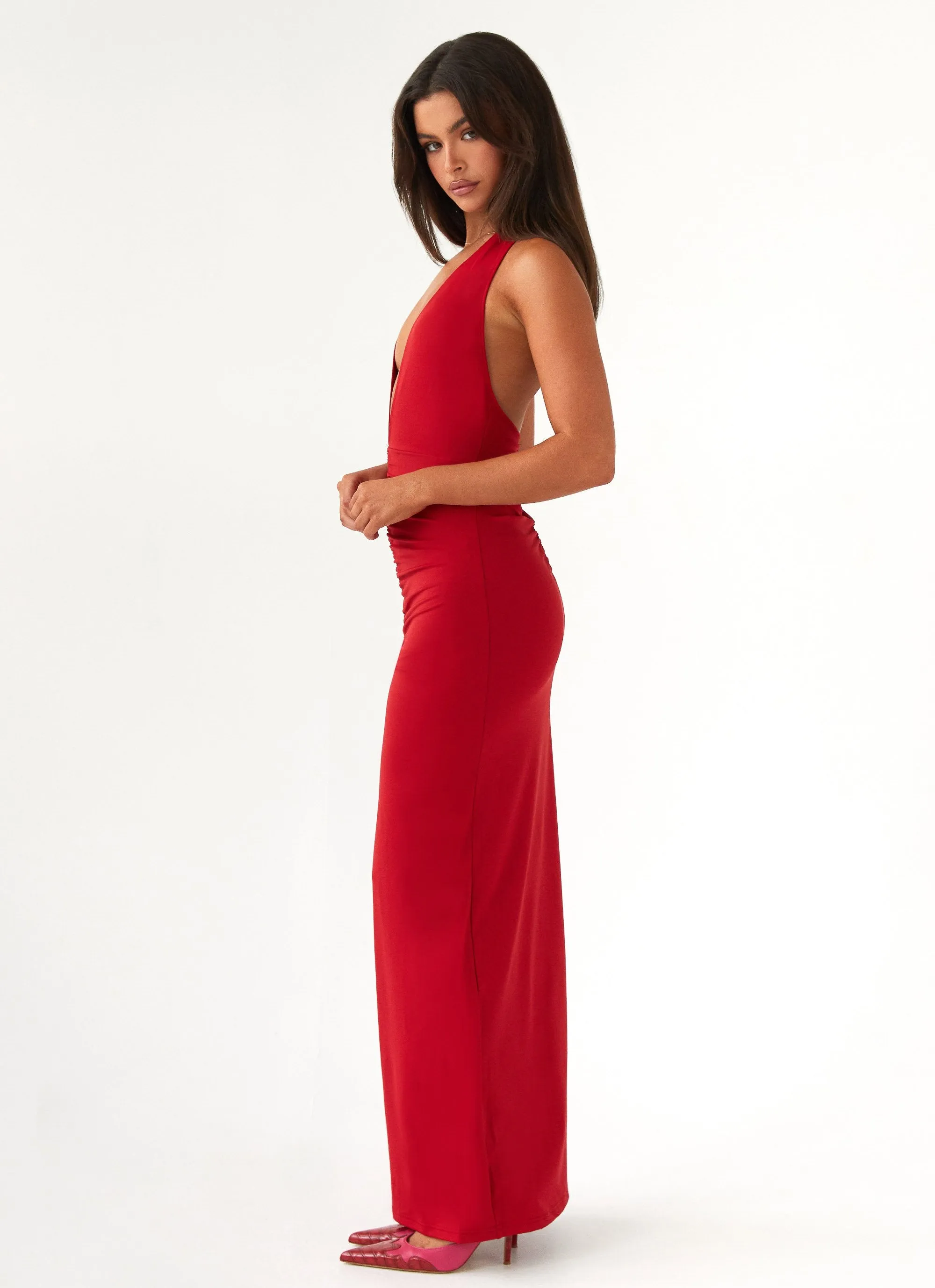 Breathable fabric Distressed finish Whisked Away Halterneck Maxi Dress - Red