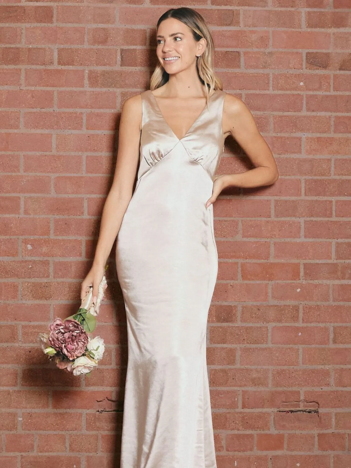 V Neck Satin Maxi Dress / Champagne Elegant Appearance