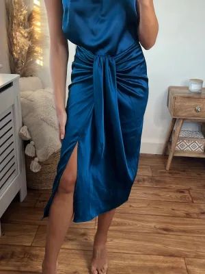 Embossed Detail Valencia High Waist Drape Skirt / Peacock Blue