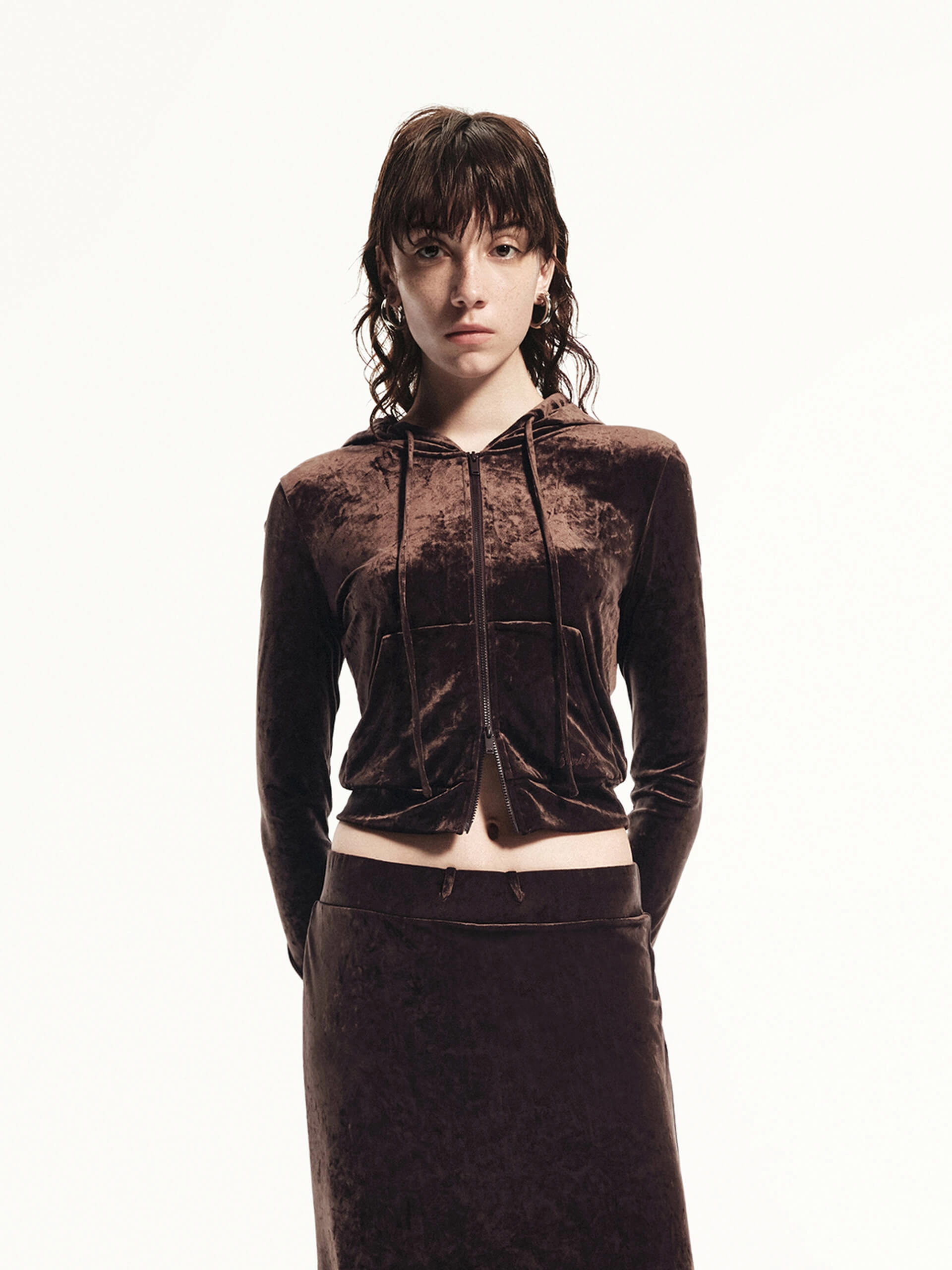 Velvet Hooded Detail Jacket Warmth Retention Technology Zippered Pockets