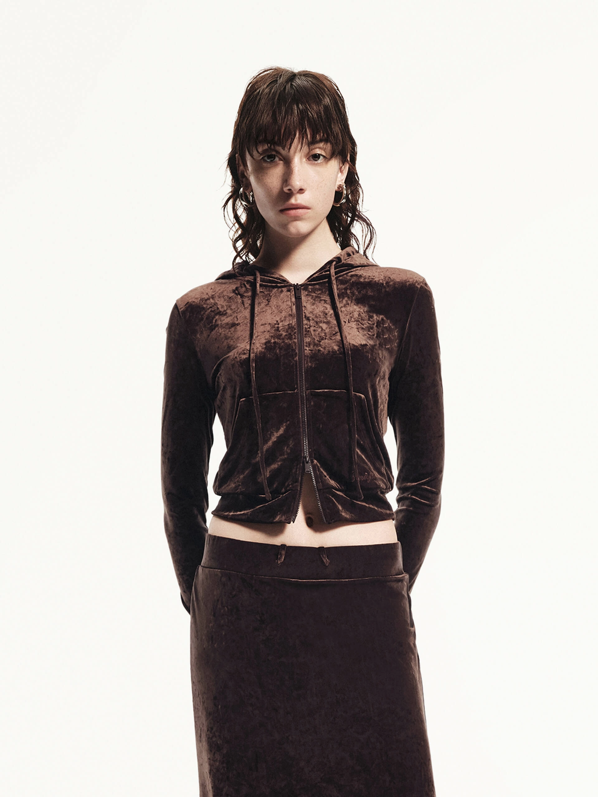 Velvet Hooded Detail Jacket DoubleLayeredHem