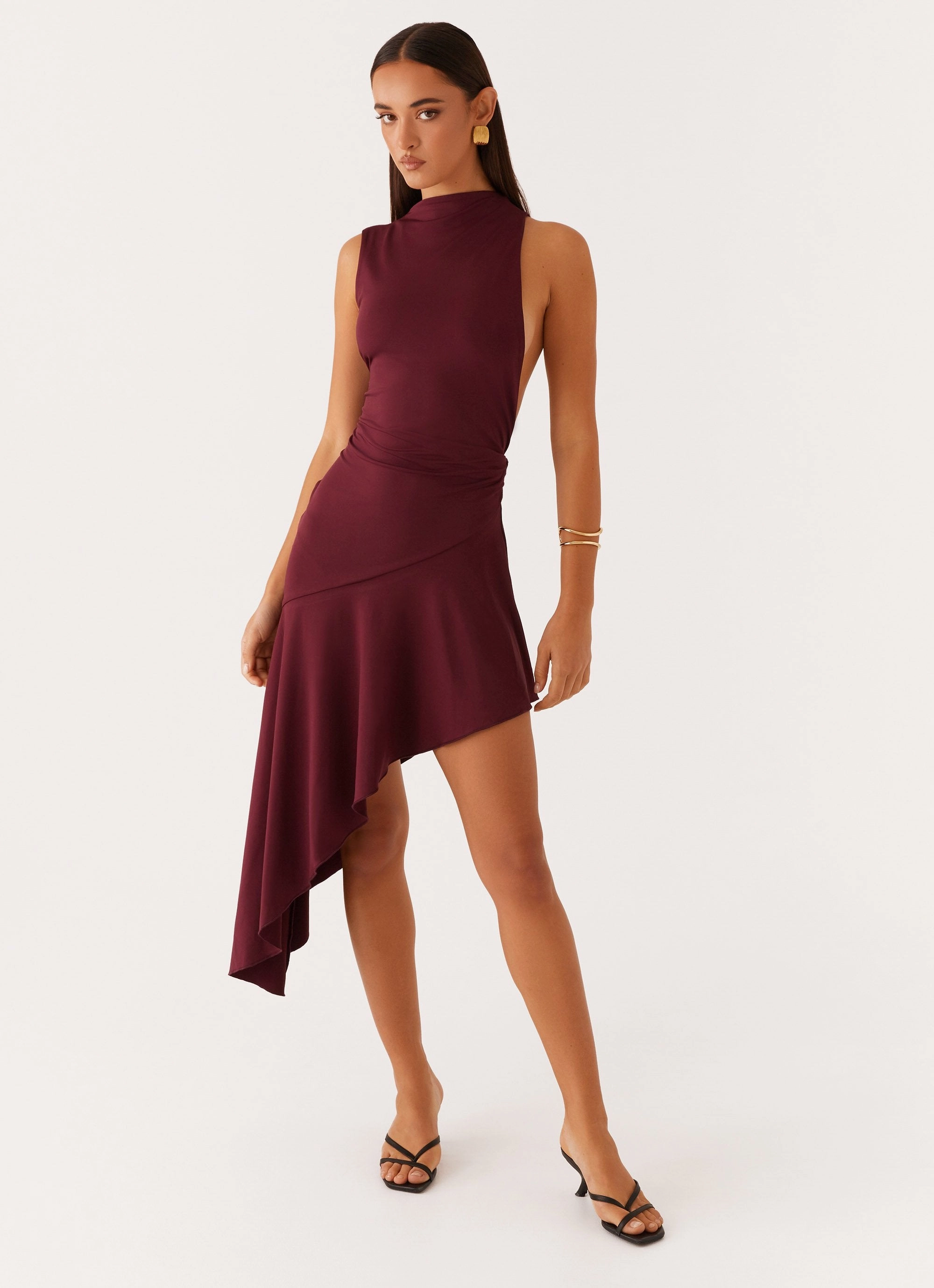 Venetia Asymmetric Maxi Dress - Deep Maroon Clean Texture