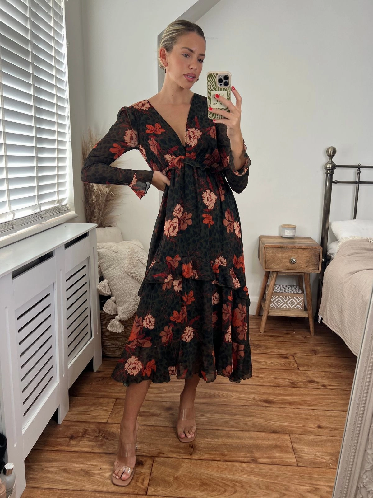 Birdie Frill Tie Back Dress / Orange and Khaki Floral Natural Silhouette