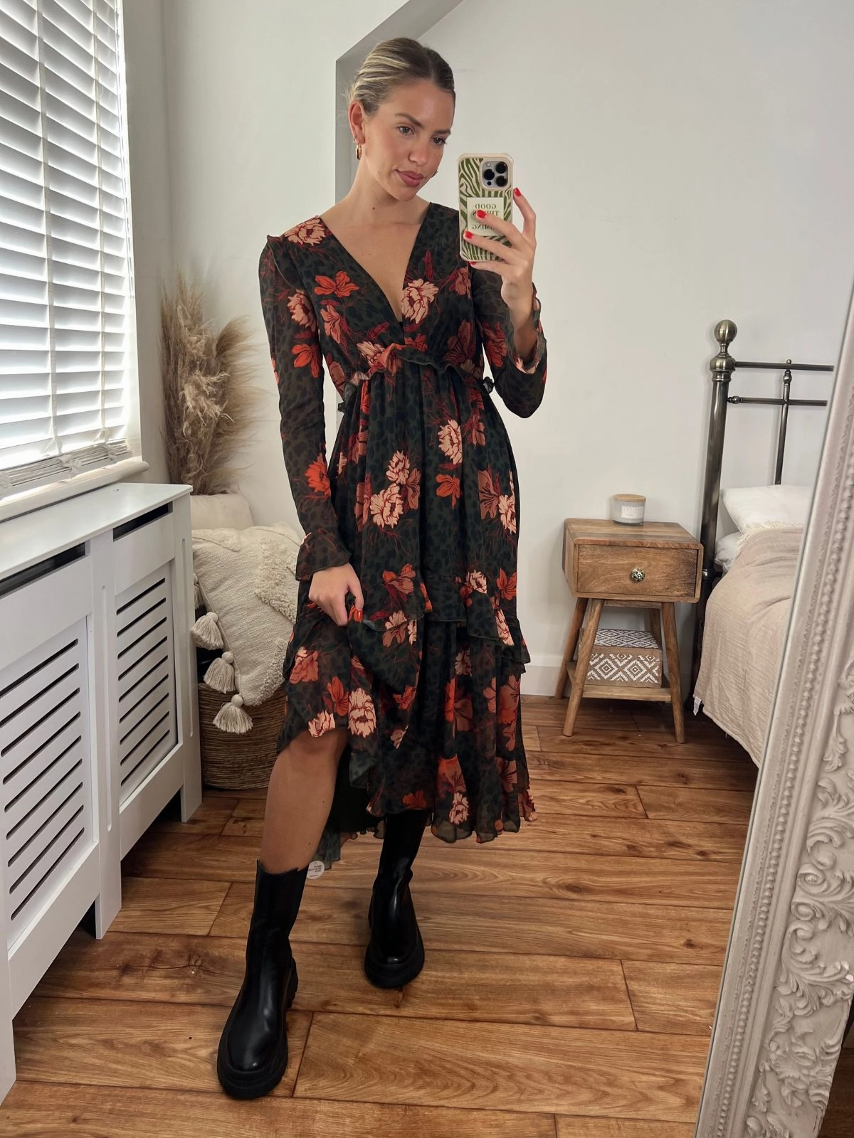 Birdie Frill Tie Back Dress / Orange and Khaki Floral Soft fabric piece Side Tie