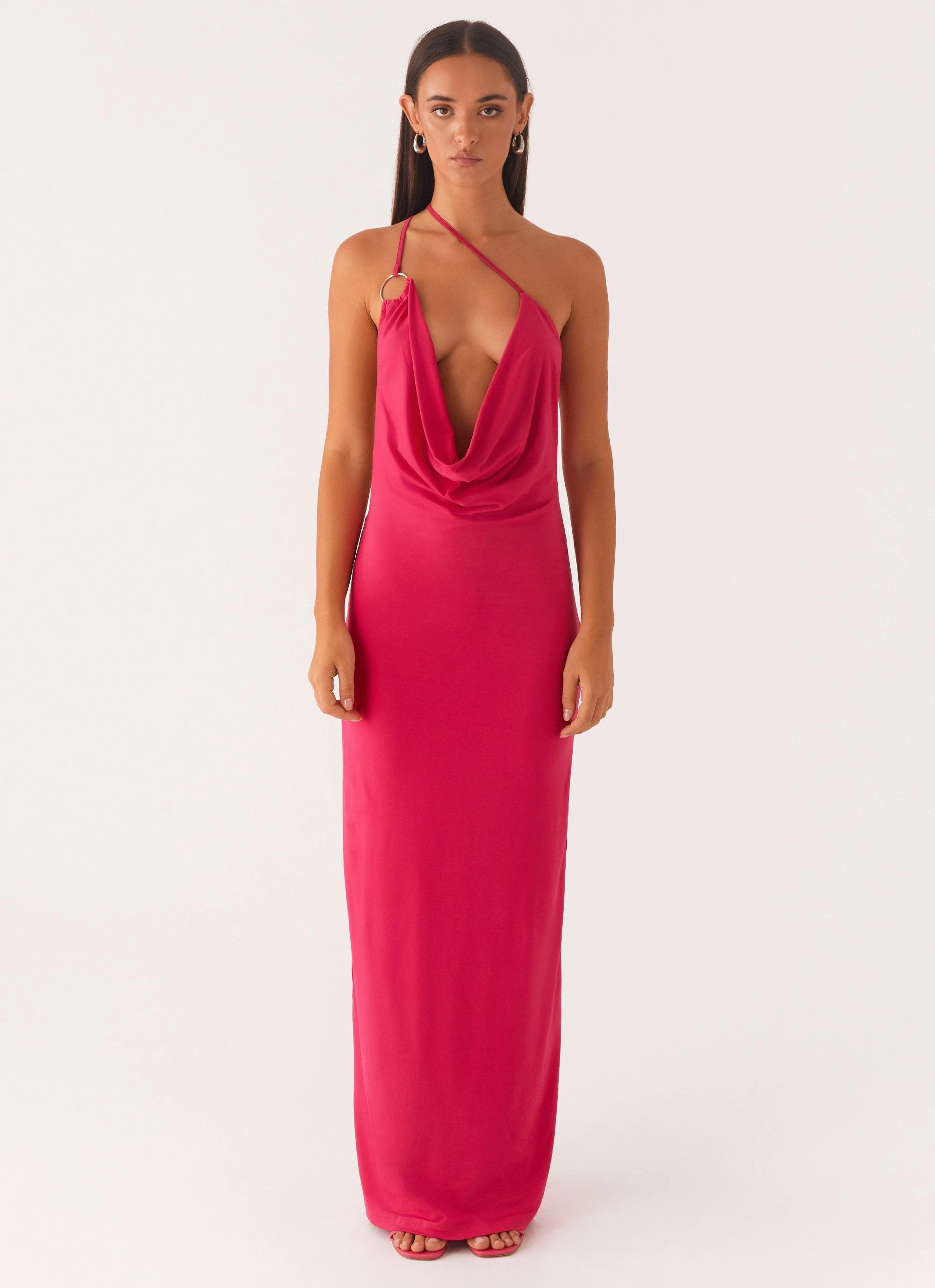 Jayla One Shoulder Maxi Dress - Fuchsia Stylish Wear ruffle trim