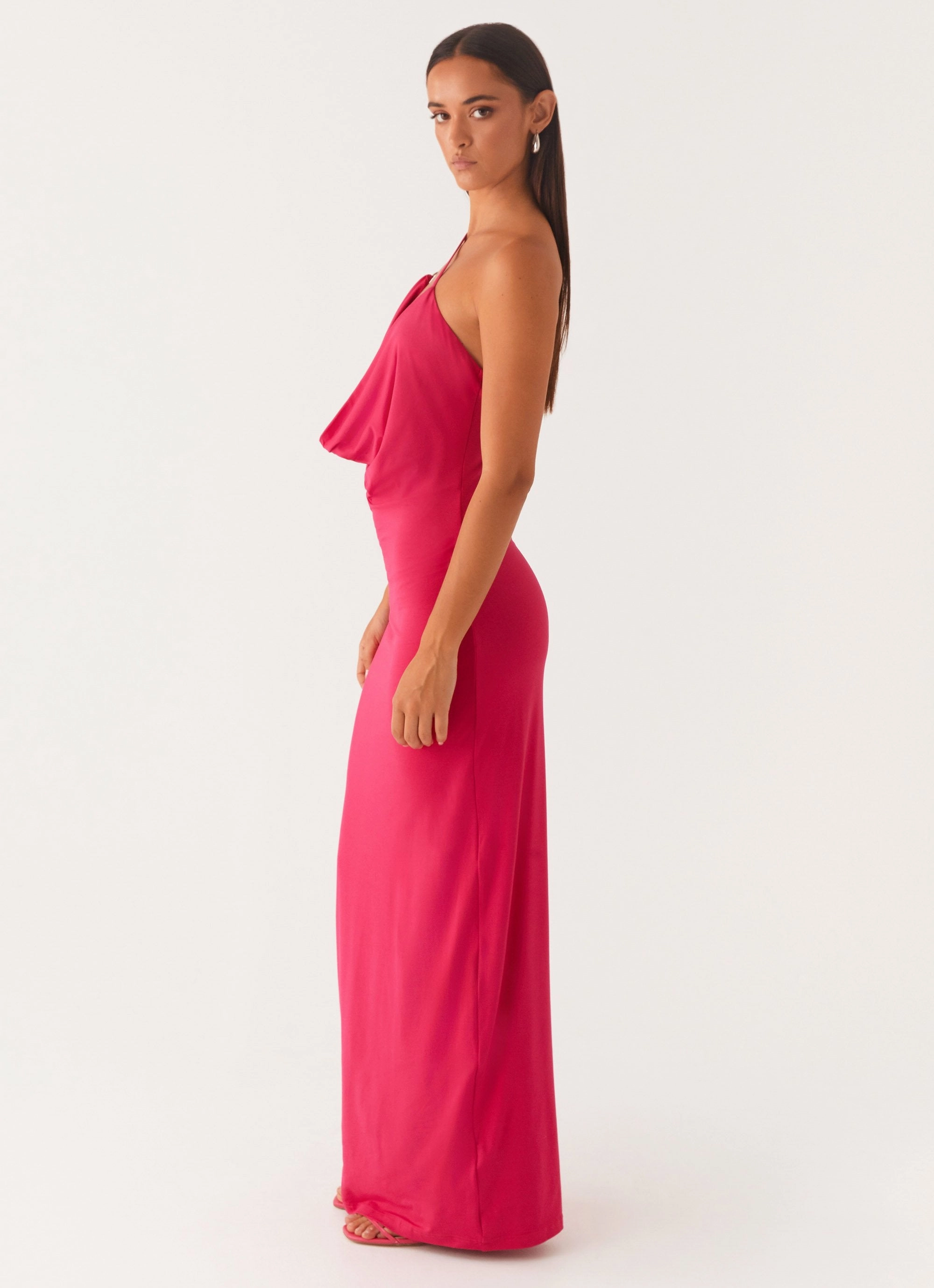 Flower Grace Form Fit Jayla One Shoulder Maxi Dress - Fuchsia
