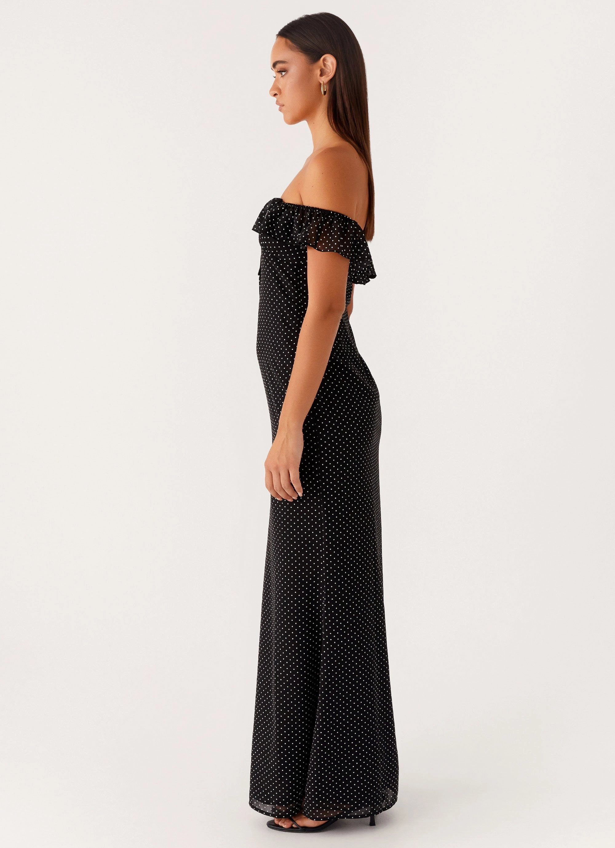 Scarlet Cherry Maxi Dress - Black Polka Dot Soft Layers Pose Sweet